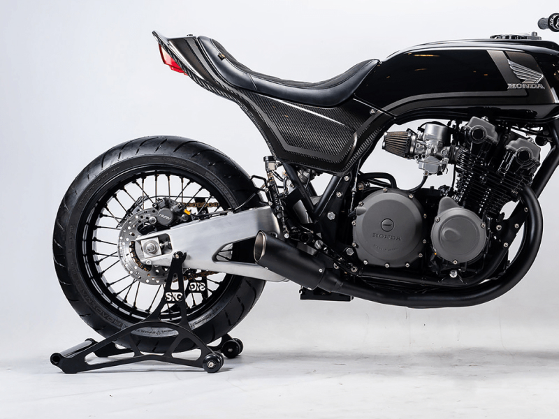 Finished STG custom motorcycle resting on the STG Performance kickstand