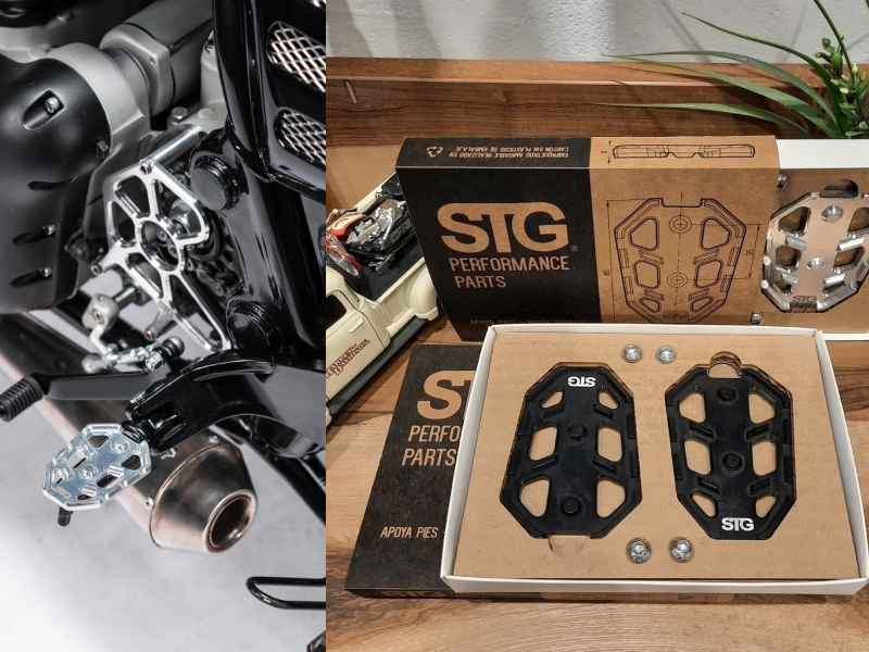 STG Performance footpegs inside their single-material cardboard packaging