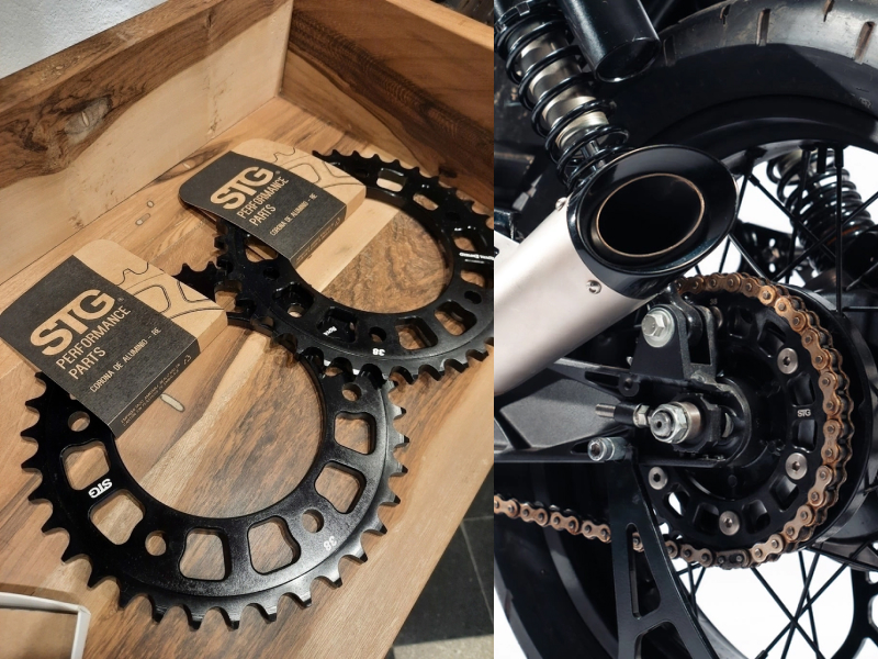 STG Performance aluminum sprockets packaged and installed on the bike