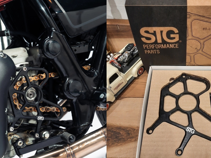 STG Performance Parts branding on the packaging next to a machined bracket
