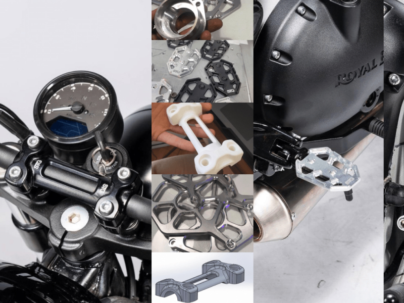 CAD render, 3D-printed prototype and CNC parts alongside a footpeg installed on a Royal Enfield engine