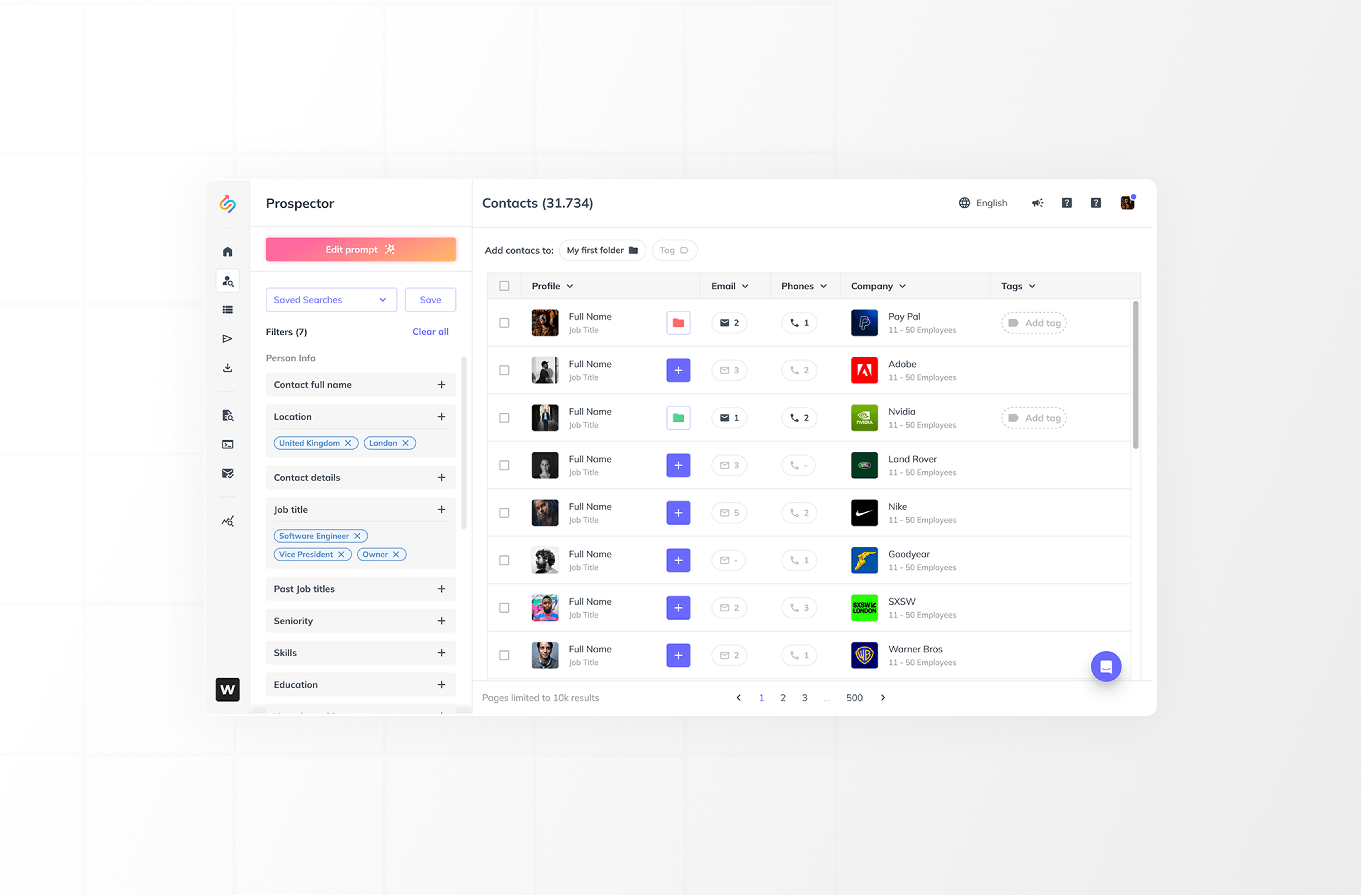 Prospector — searching and filtering leads directly inside SalesQL
