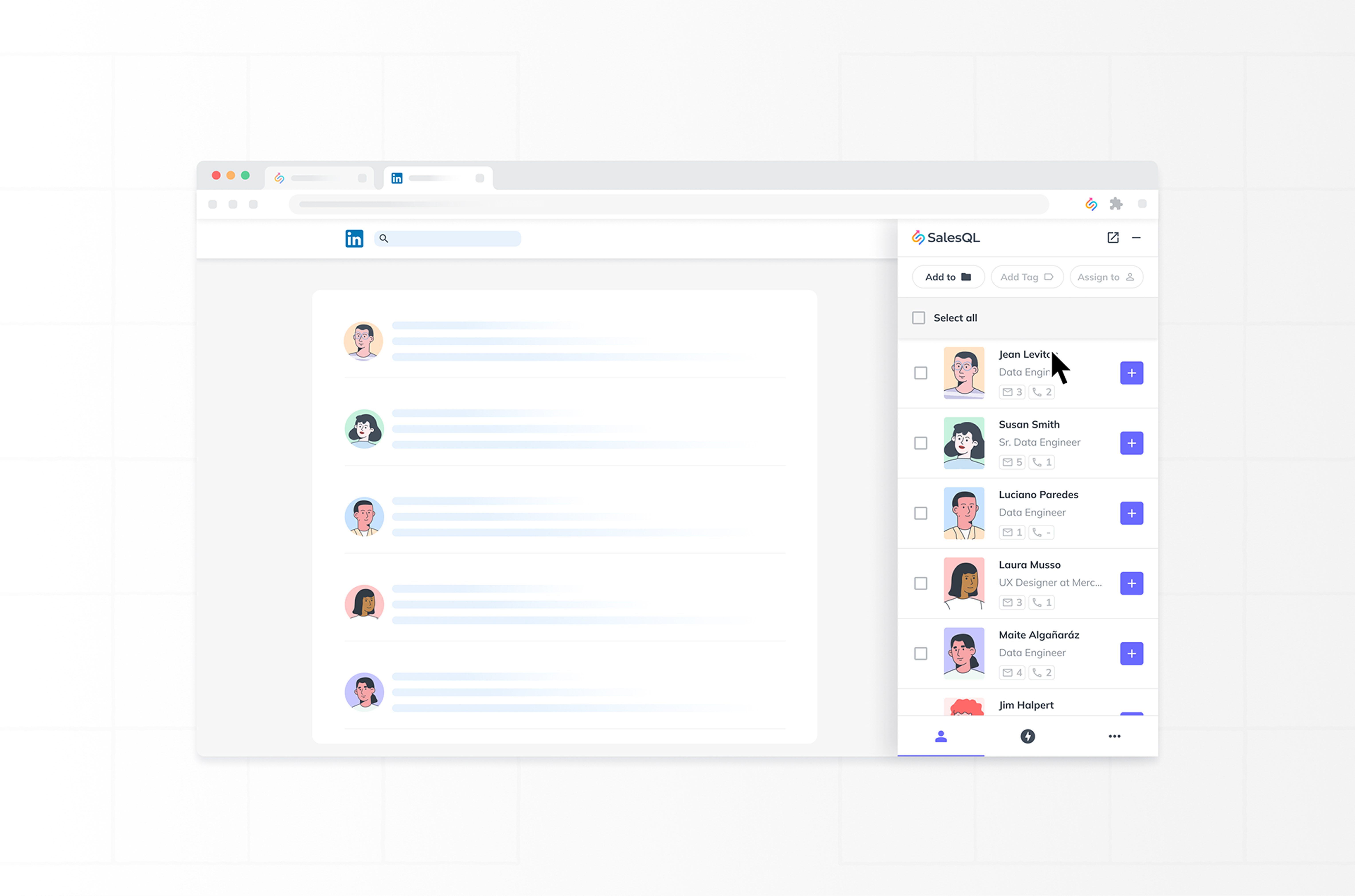 SalesQL's Extension Lite revealing contact data directly on a LinkedIn-style page