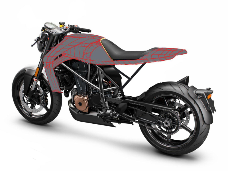 CAD render showing the carbon-fiber surface pattern for the monocoque tail and tank