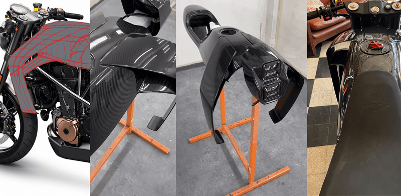 Finished carbon-fiber monocoque tail and fuel tank on a stand, next to the CAD surface-development render