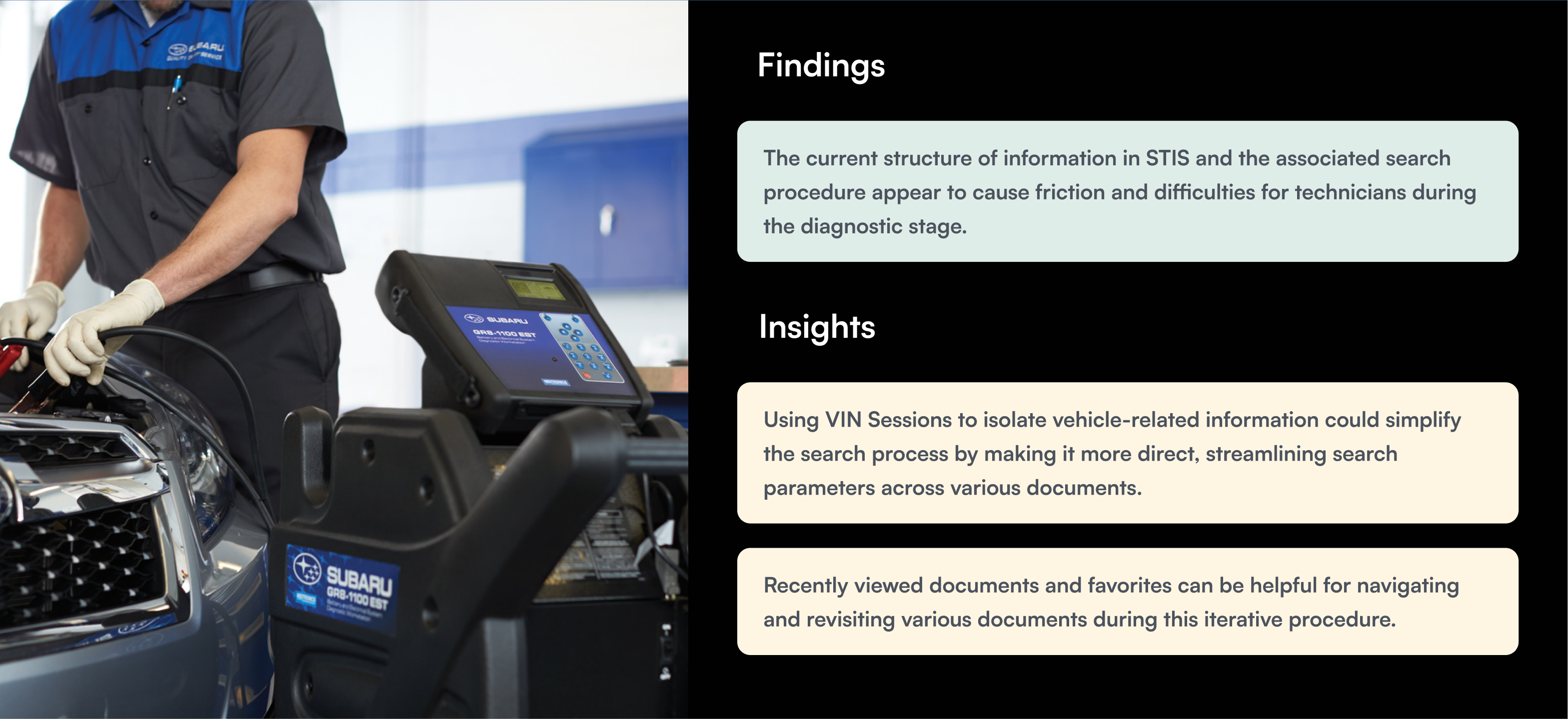 Findings and insights cards next to a photo of a Subaru technician running a diagnostic scan