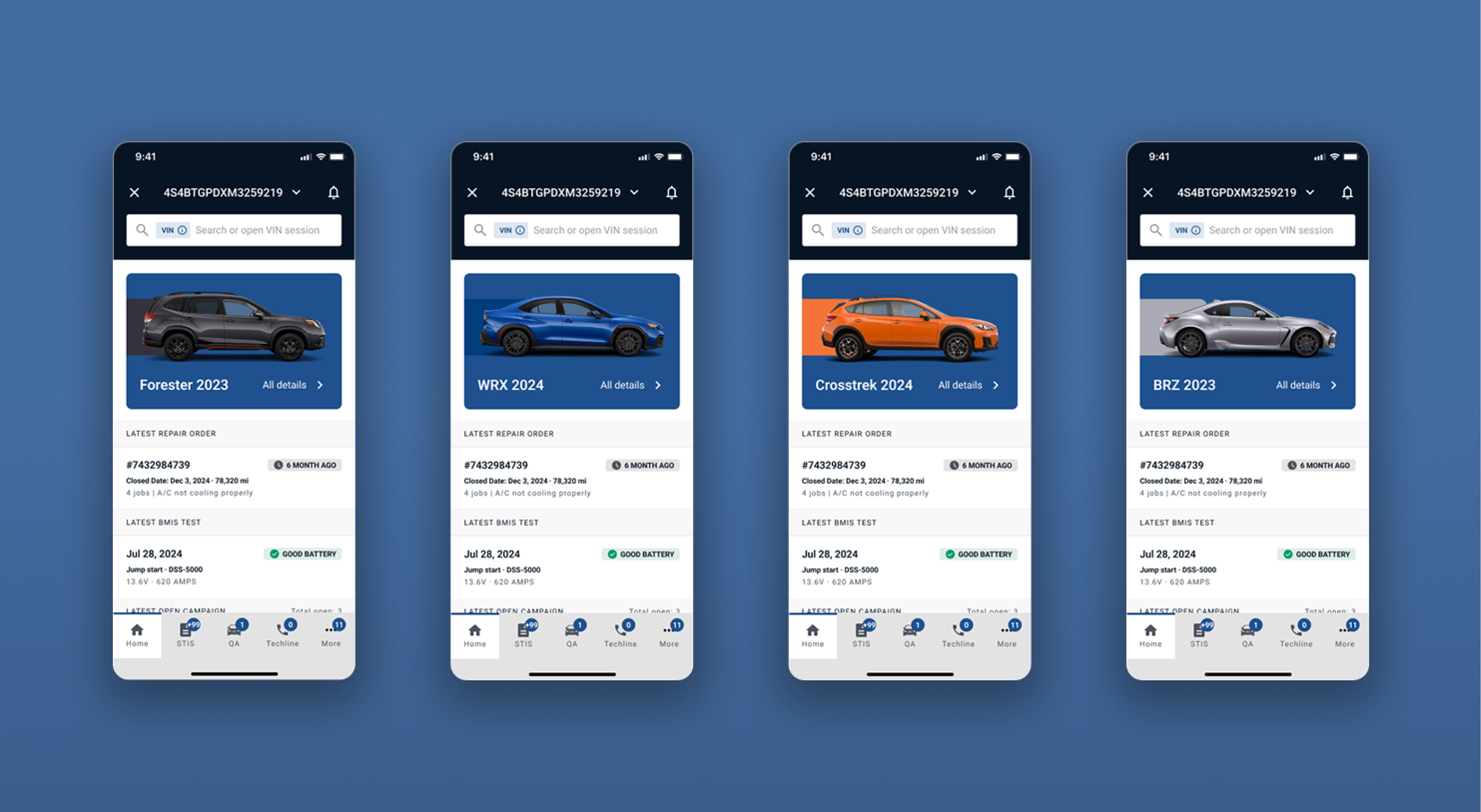 VIN Session mobile screens for four different vehicles