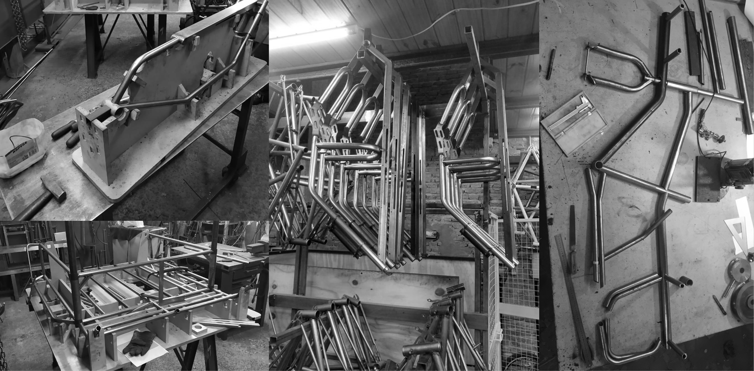 Tube-bending jigs and welded steel tube sections in the workshop