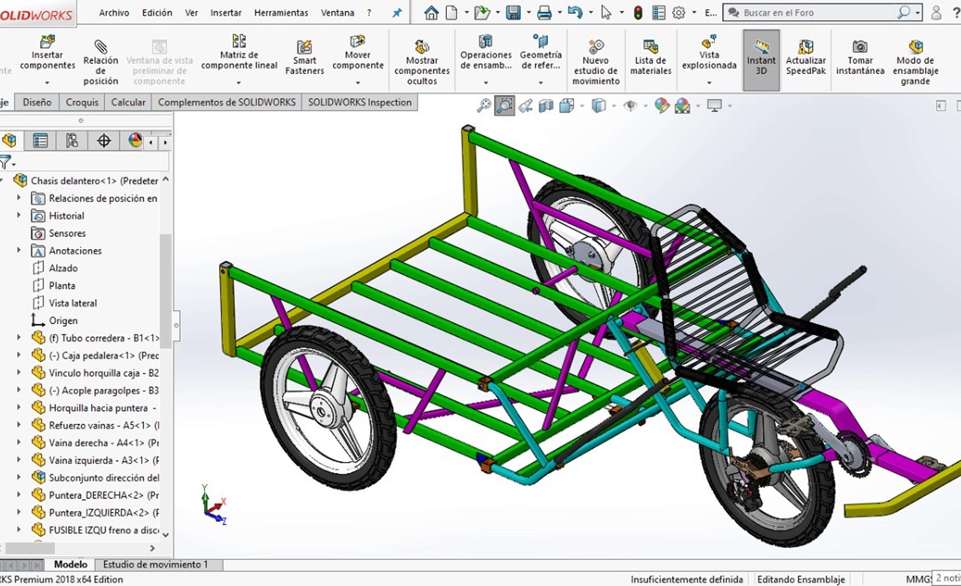 CAD assembly of the tricycle's frame, seat, and steering structure