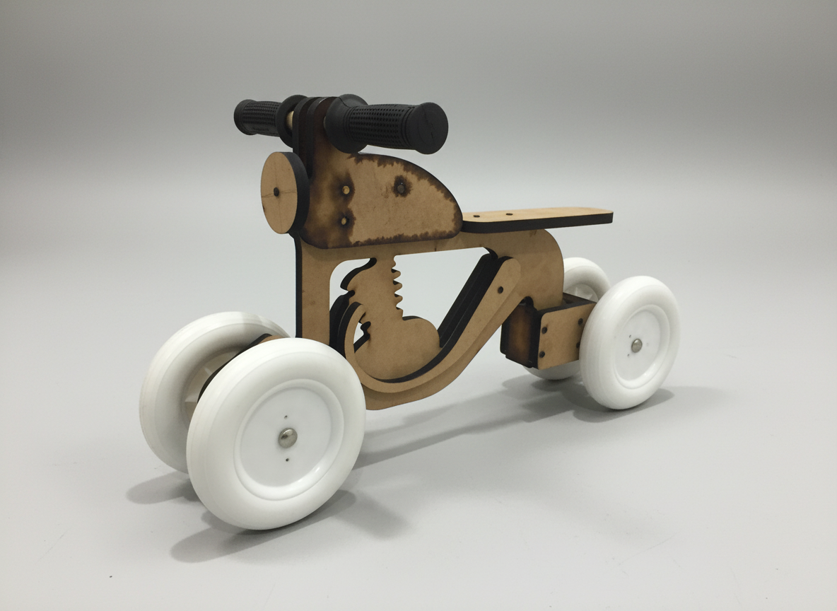 Early laser-cut plywood prototype of the Balance Bike, showing the lean-steering frame cutout