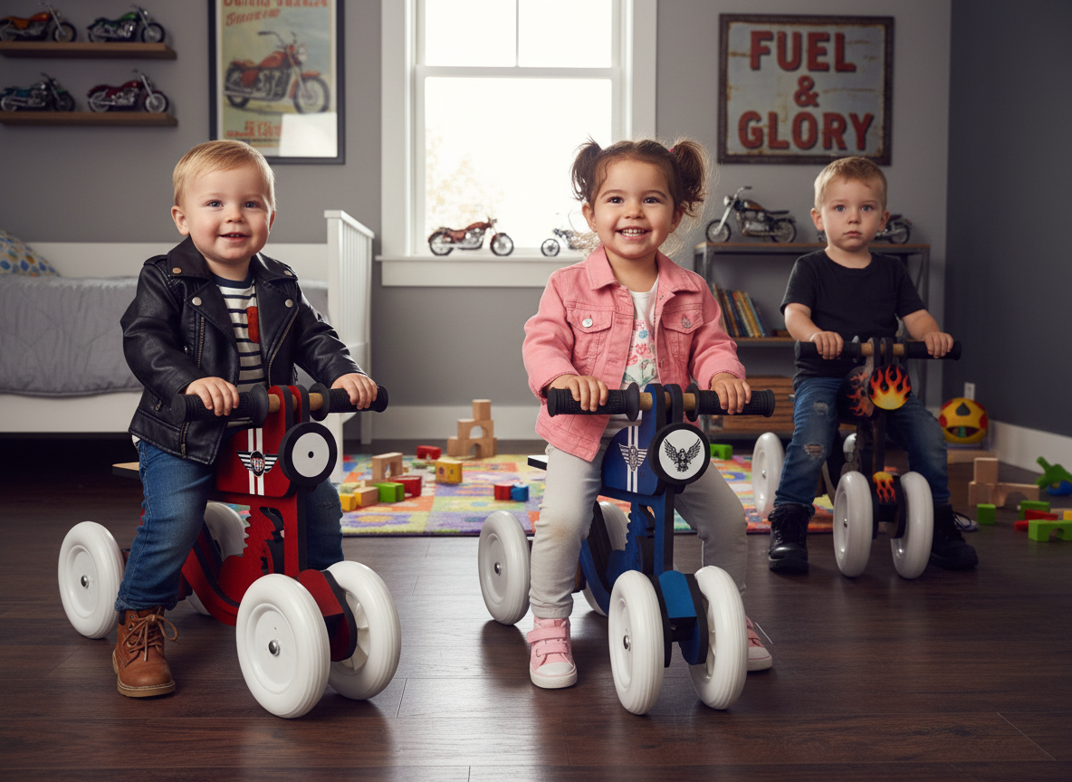 Three finished Balance Bikes in different colorways, styled in a motorcycle-themed kids' room